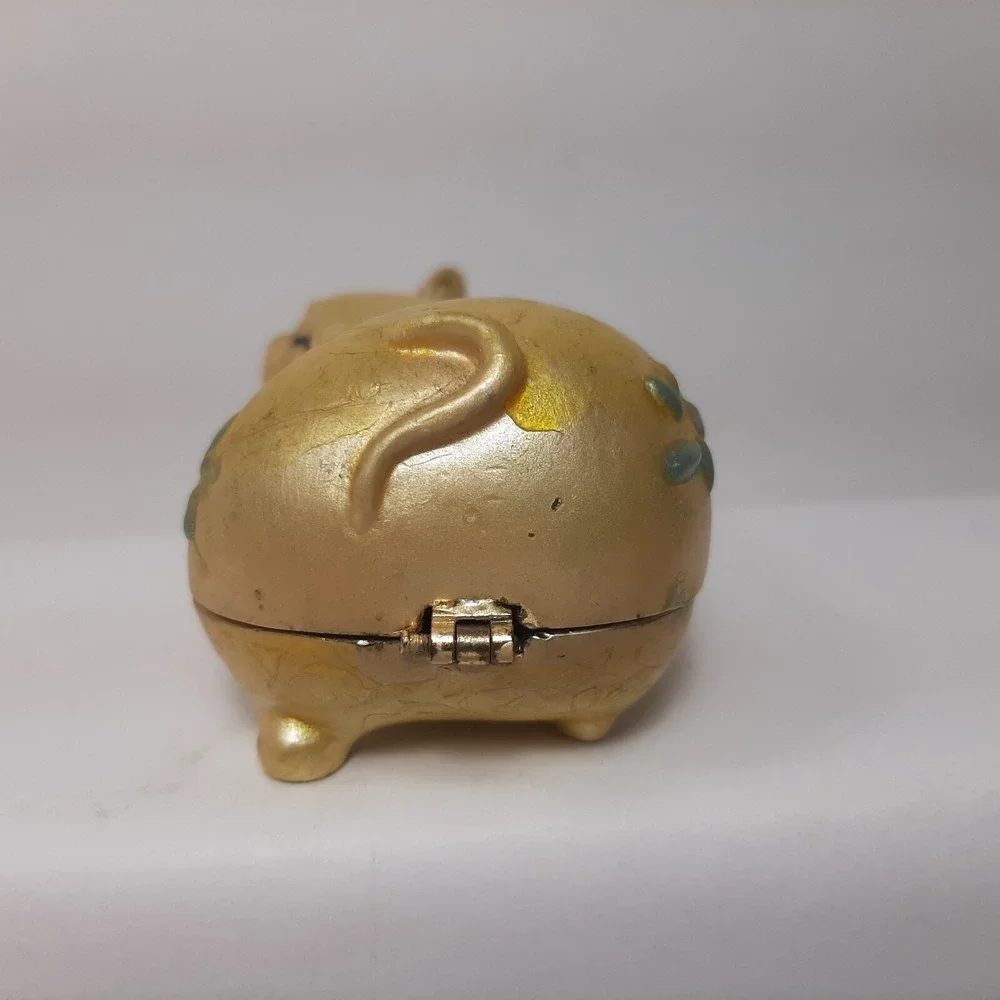 Gold and Pink Happy Smiling Hindu Pig Metal Enamel Hinged Box 3.25